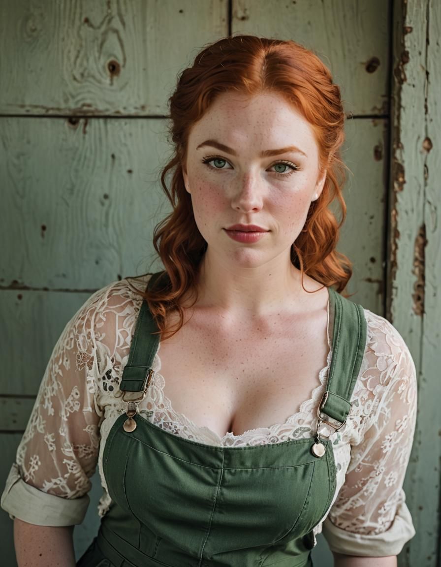 Redhead Portrait in Overalls, 50s Style Garage