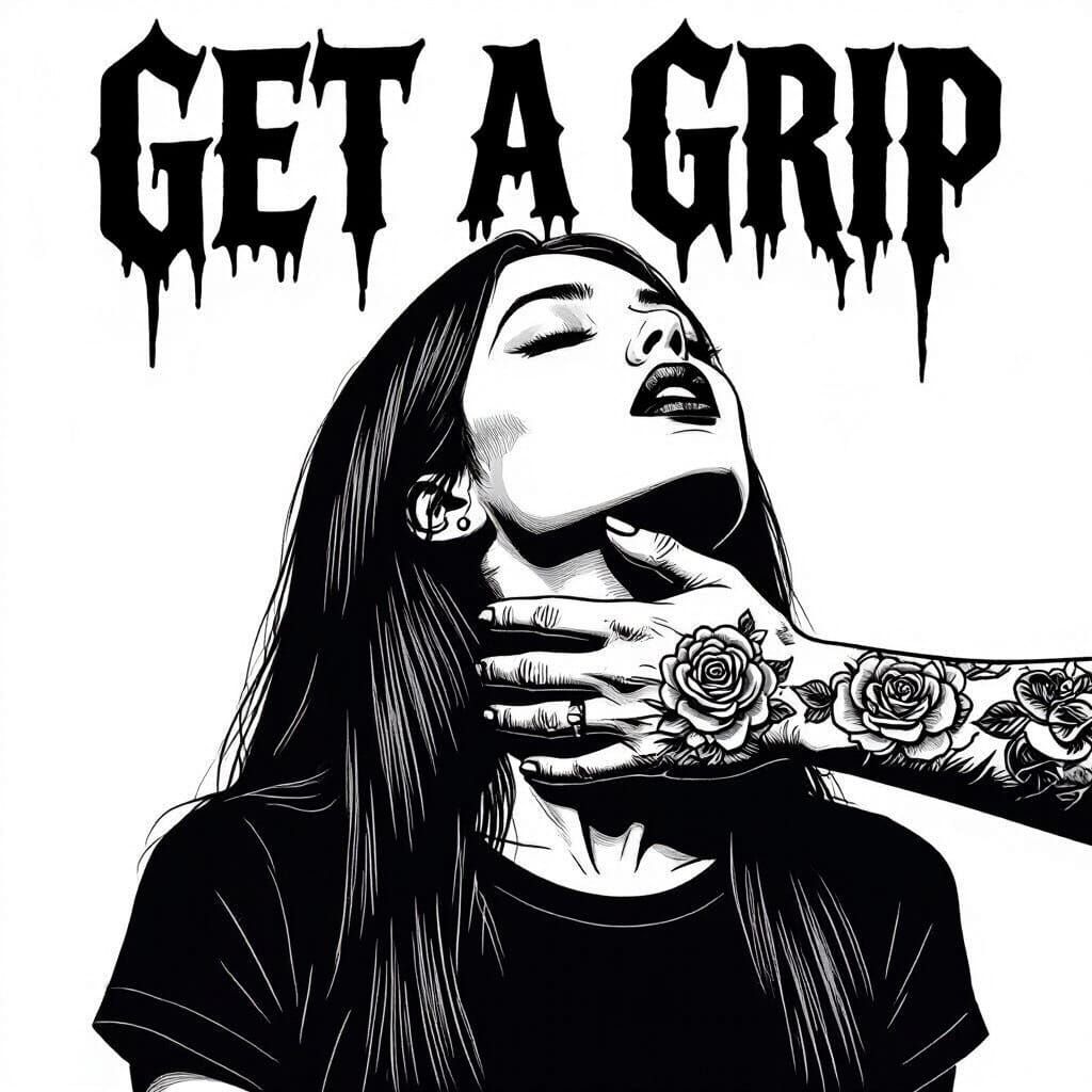 Woman Gasping Under Hand's Grip in Gothic Line Art