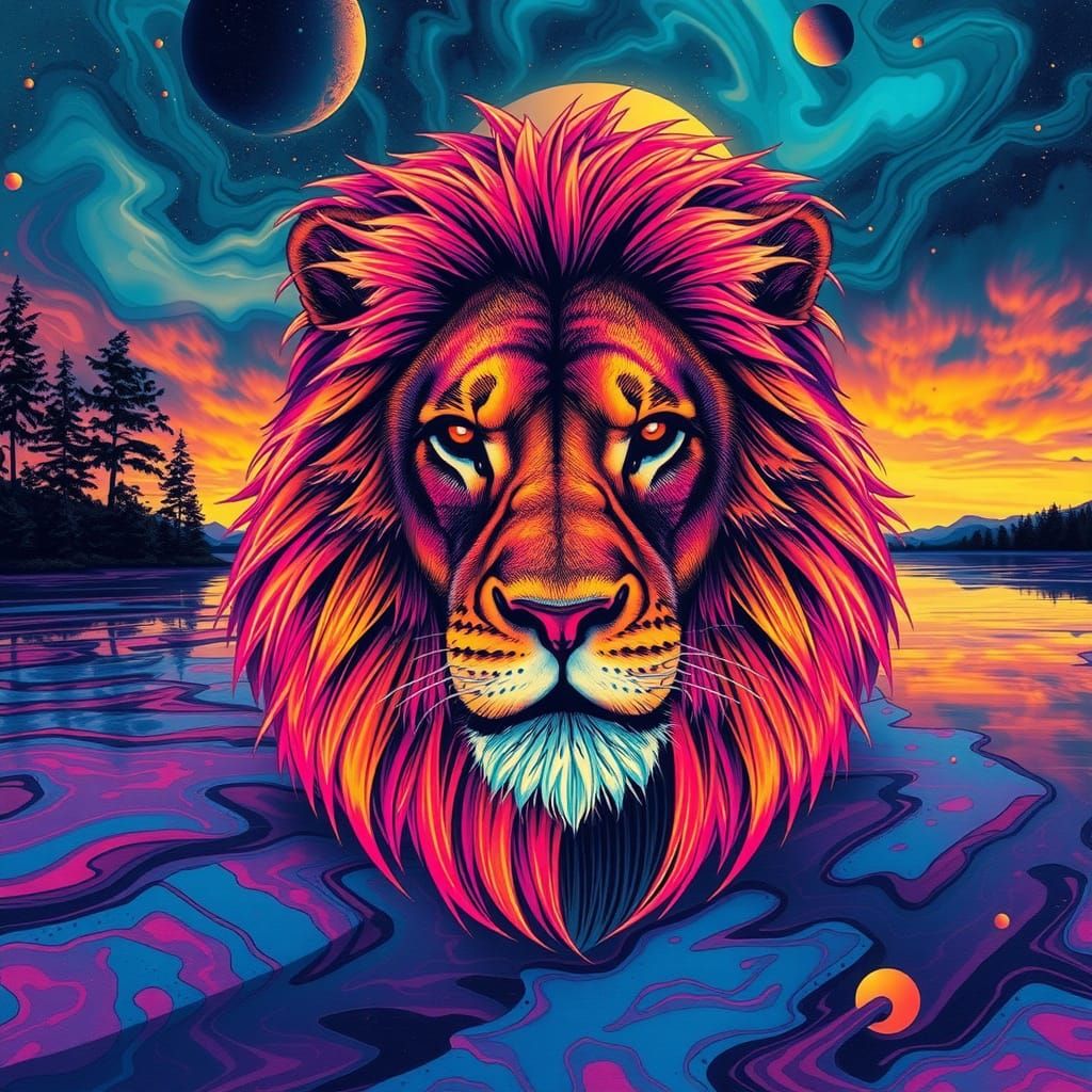 Surreal Lionpunk in Futuristic Alcohol Ink Style