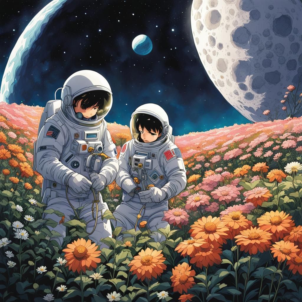 Astronauts Tend Lunar Garden in Anime Style