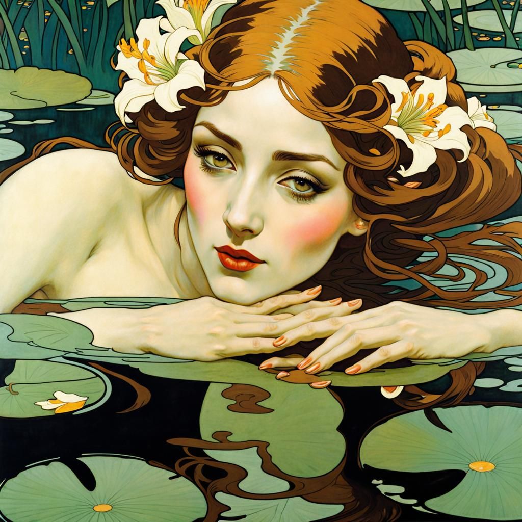 Art Nouveau Portrait of Woman in Lily Pond