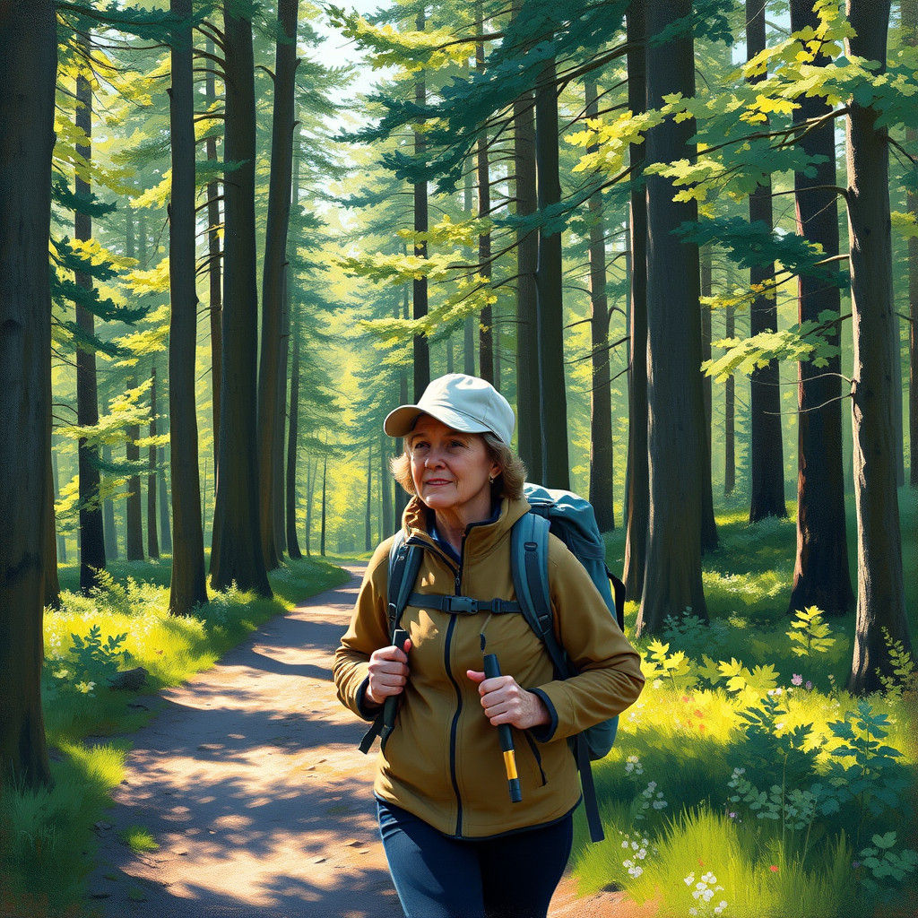 Woman Hikes Forest Trail in Impressionistic Style