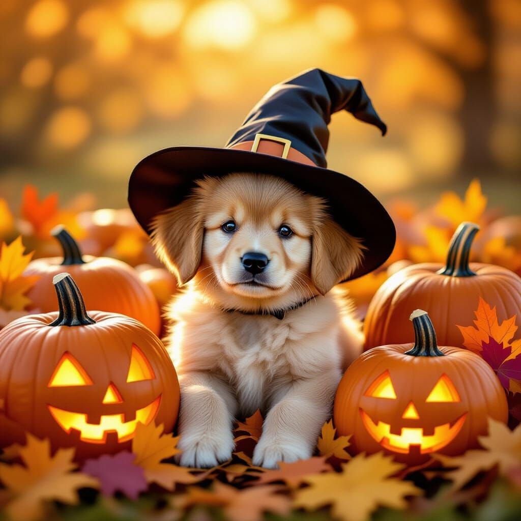 Fluffy Golden Retriever Puppy in Witch Hat with Fall Pumpkin...