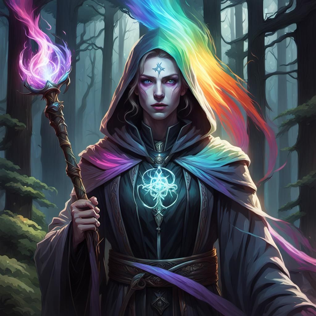 Gothic Sorcerer Radiating Rainbow Light in Forest