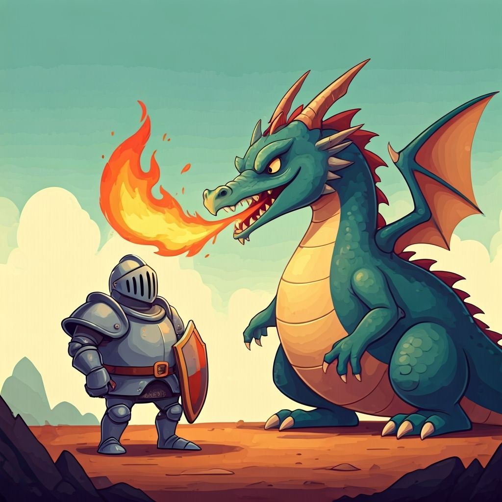 Brave Knight Versus Dragon in 2D Cartoon Style