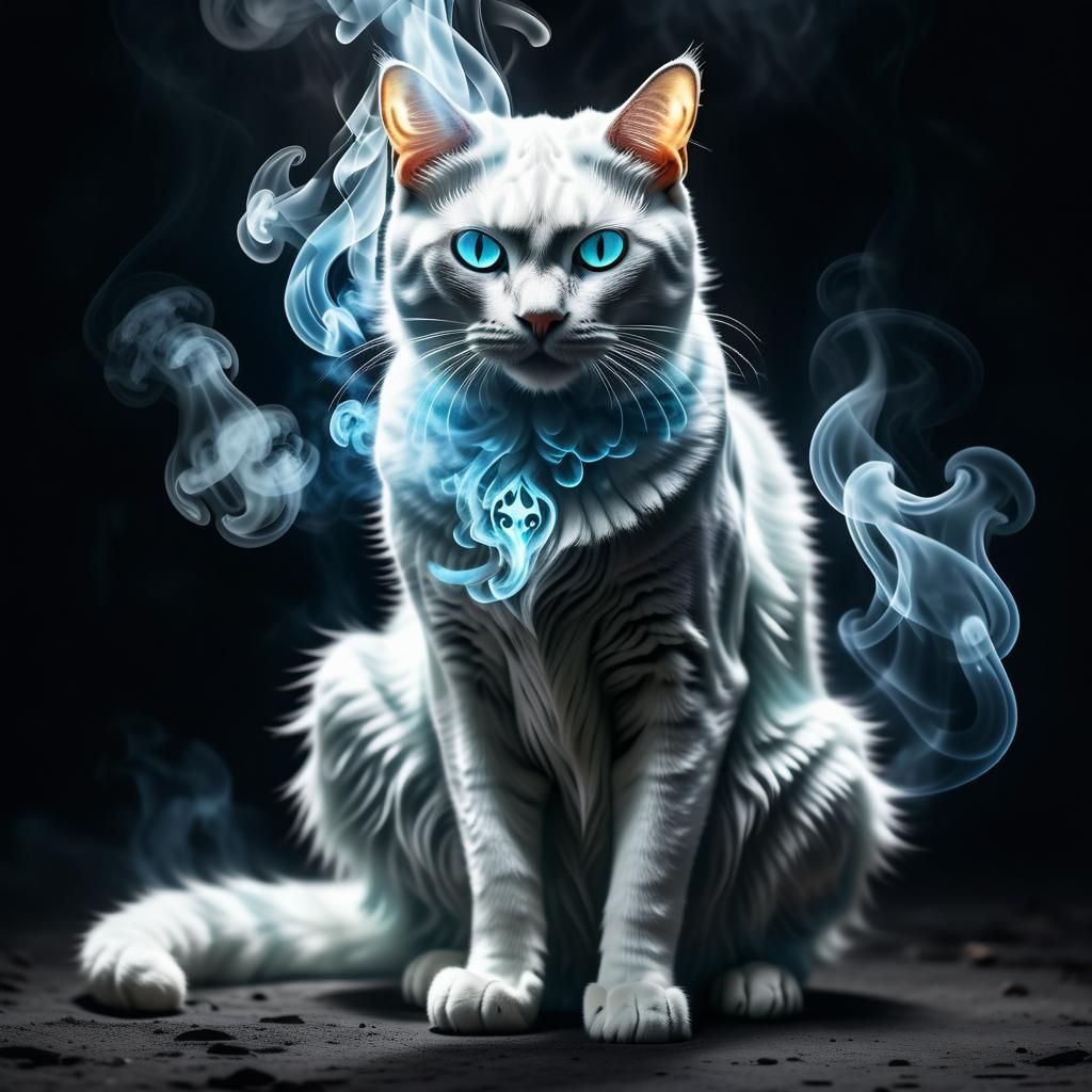 Ghostly scary humanoid ghost cat made of glowing transparent white smoke and ash, glowing translucent bioluminescent, ba...