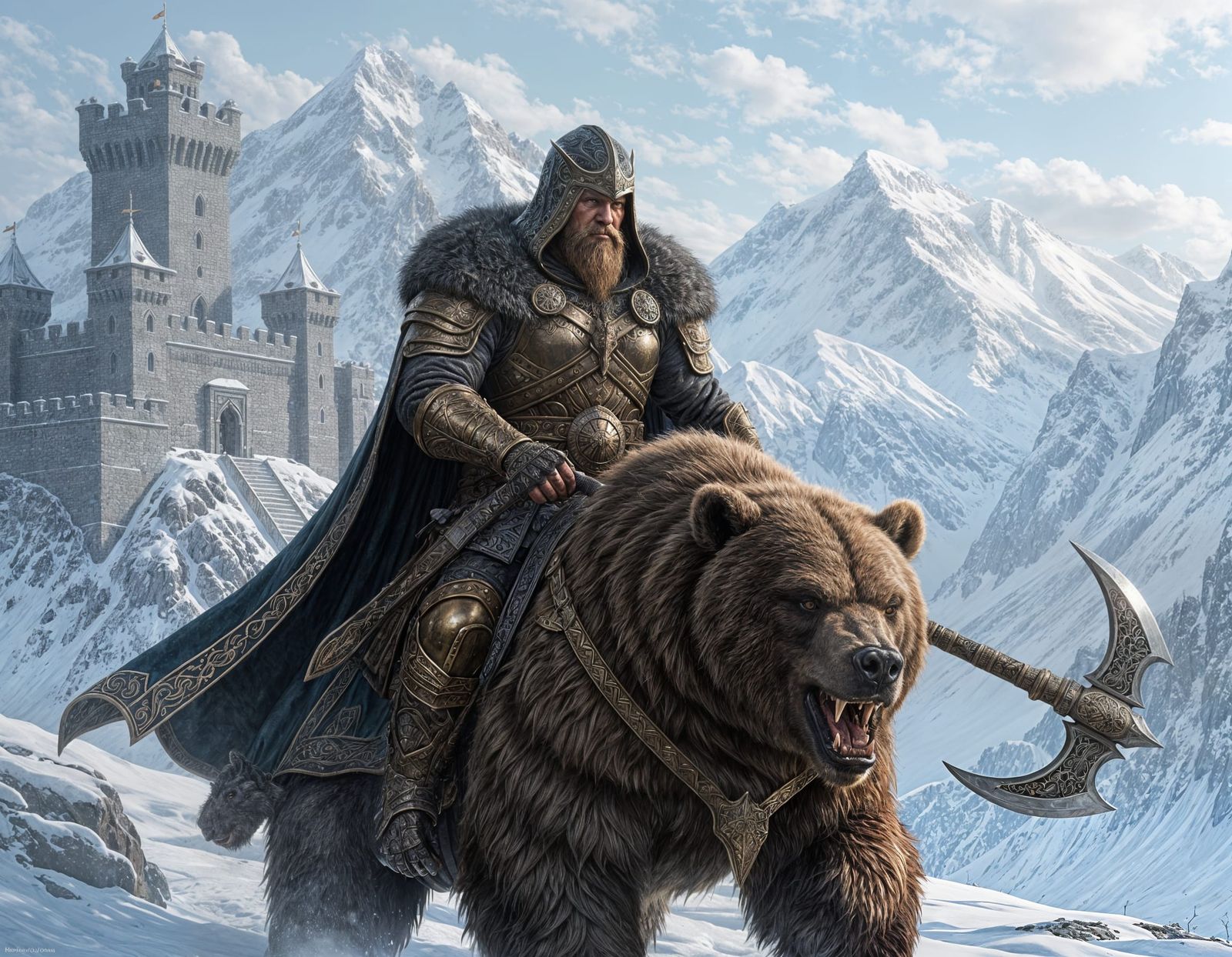 Viking Warrior on Armored Demon-Bear in Snowy Fortress