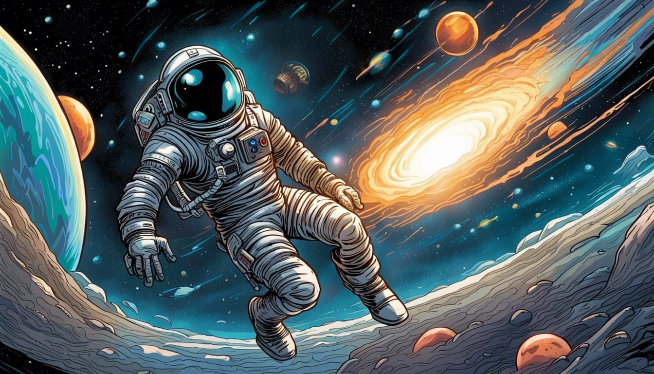 Astronaut Drifting in Space: Comic Book Art