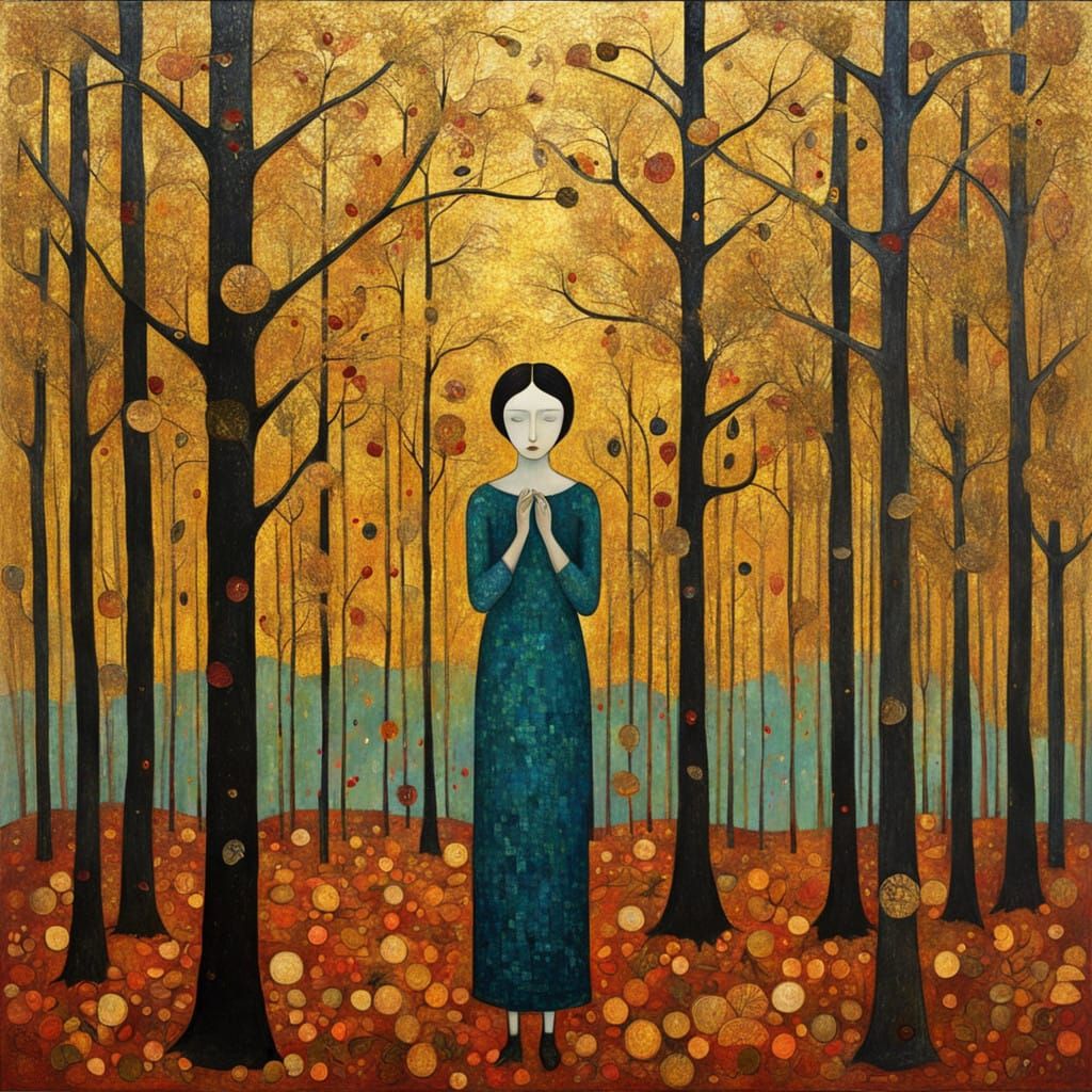 Surreal Autumn Landscape in Golden Art Nouveau Style