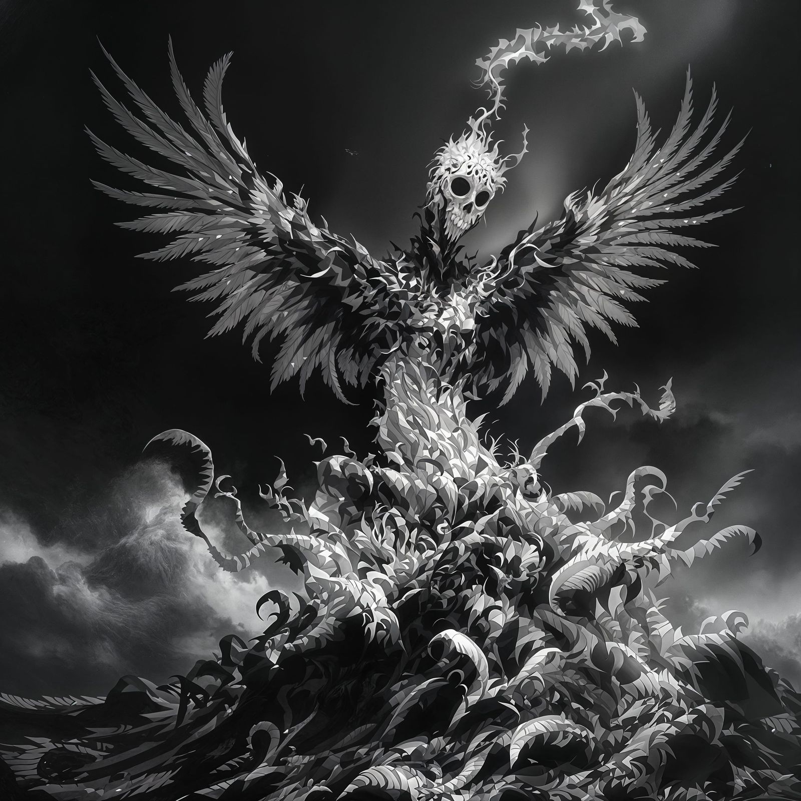 Monochrome Fractal Angel in Dark Surreal Style