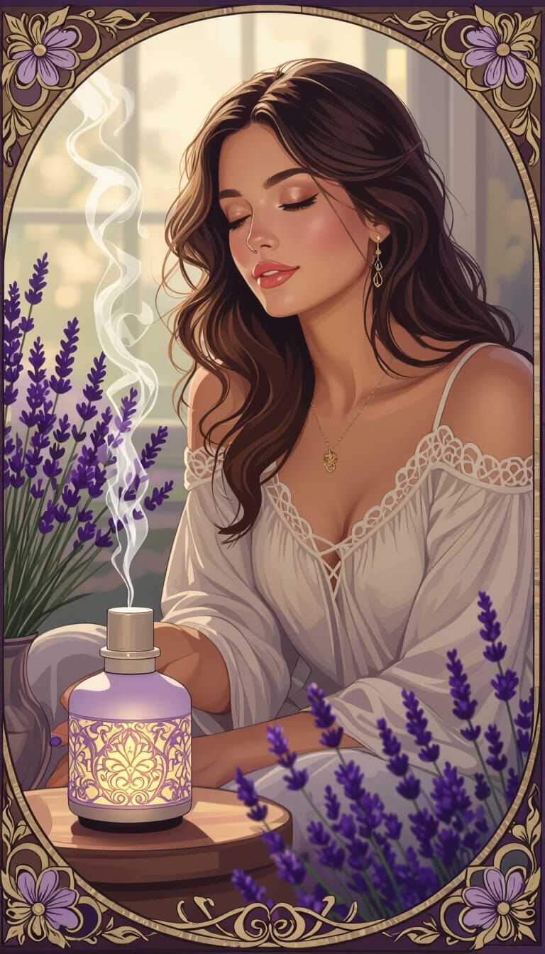 Serene Woman with Lavender Diffuser, Art Nouveau Style