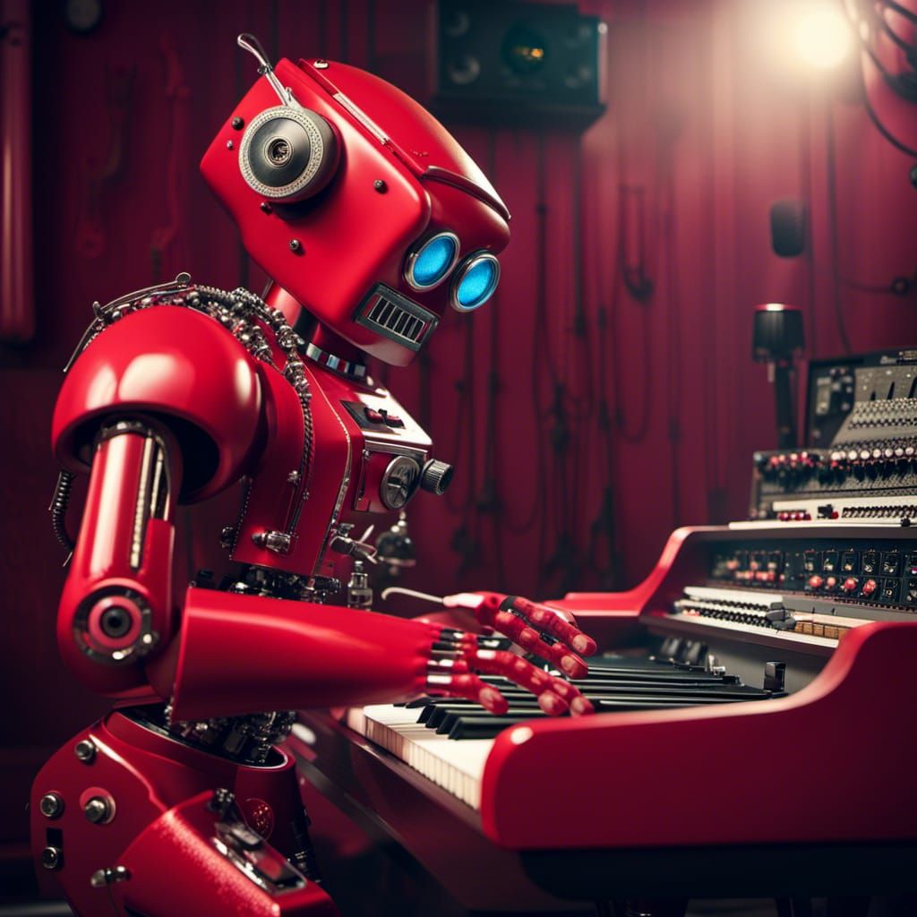 Vintage Red Robot Making Music in Recording Studio