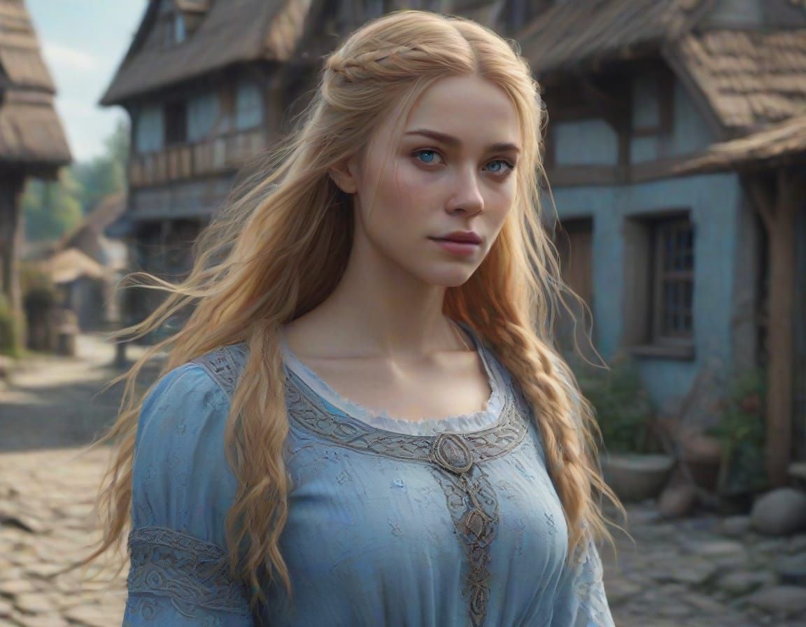 Viking Goddess in Light Blue Dress Underneath Village