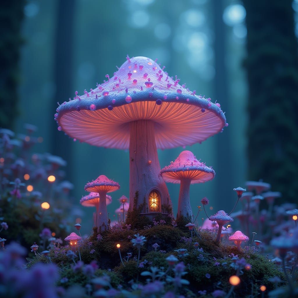Whimsical Fairy Mushroom House in Bioluminescent Forest