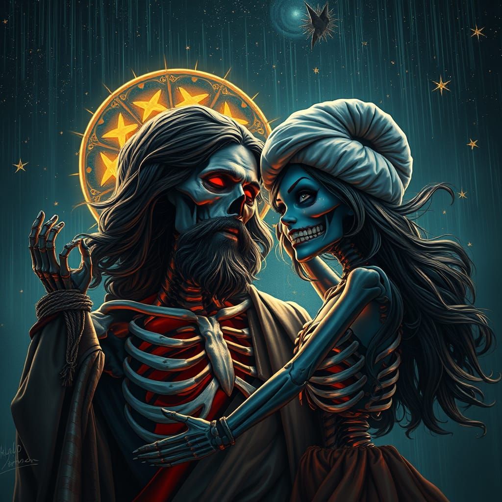 Mysterious Smurfette Dances with Skeleton Jesus under Celest...