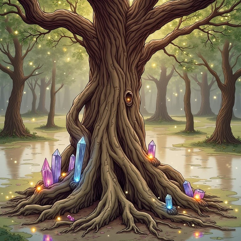 Ancient Tree With Crystal Roots in Magical Forest Clearing