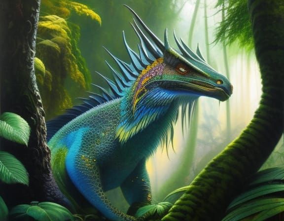 Basilisk Portrait in Lush Jungle, Hyperrealistic Painting