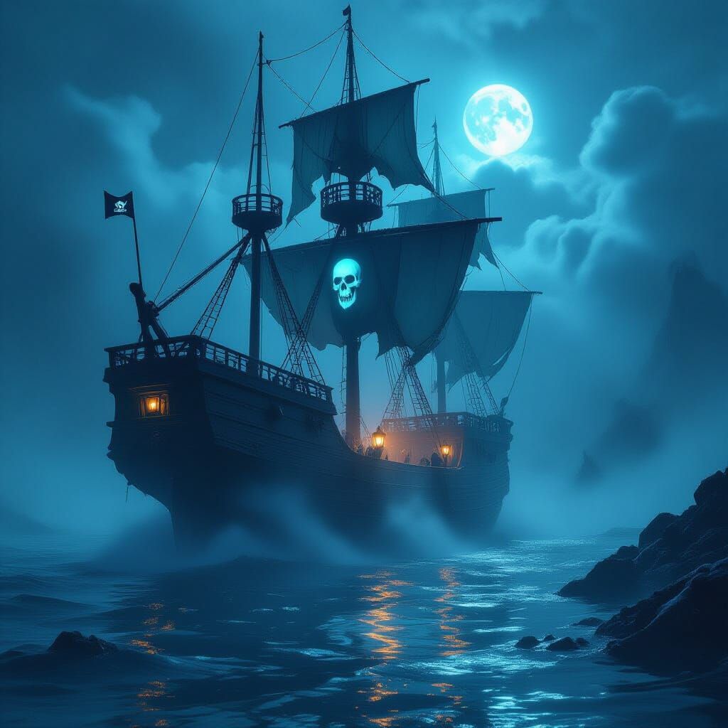 Ghostly Pirate Ship Emerges from Bioluminescent Fog