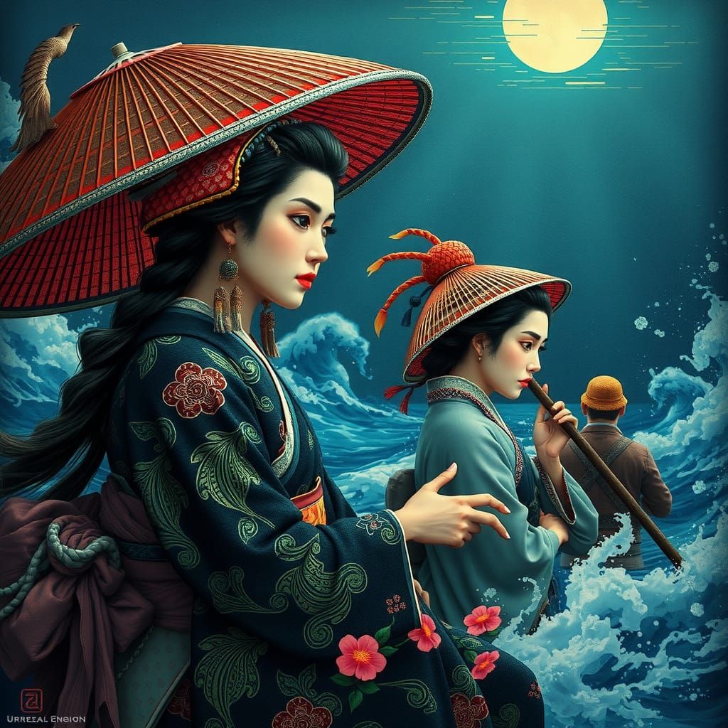 Ukiyo-e Style Fisherman's Wife Detailed Painting