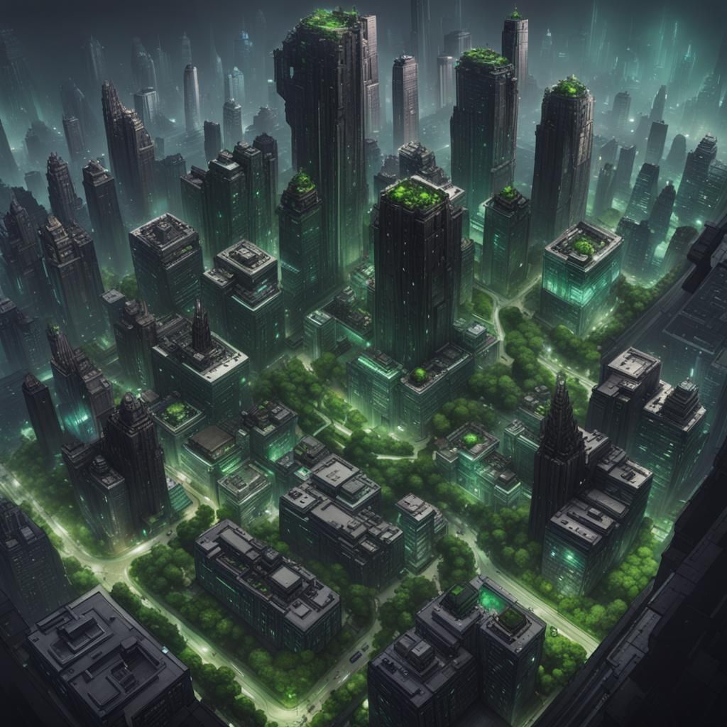 Cyberpunk Cityscape with Rooftop Garden