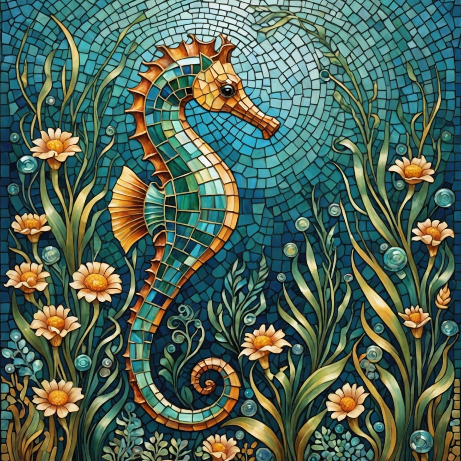 Art Nouveau Seahorse in Iridescent Mosaic