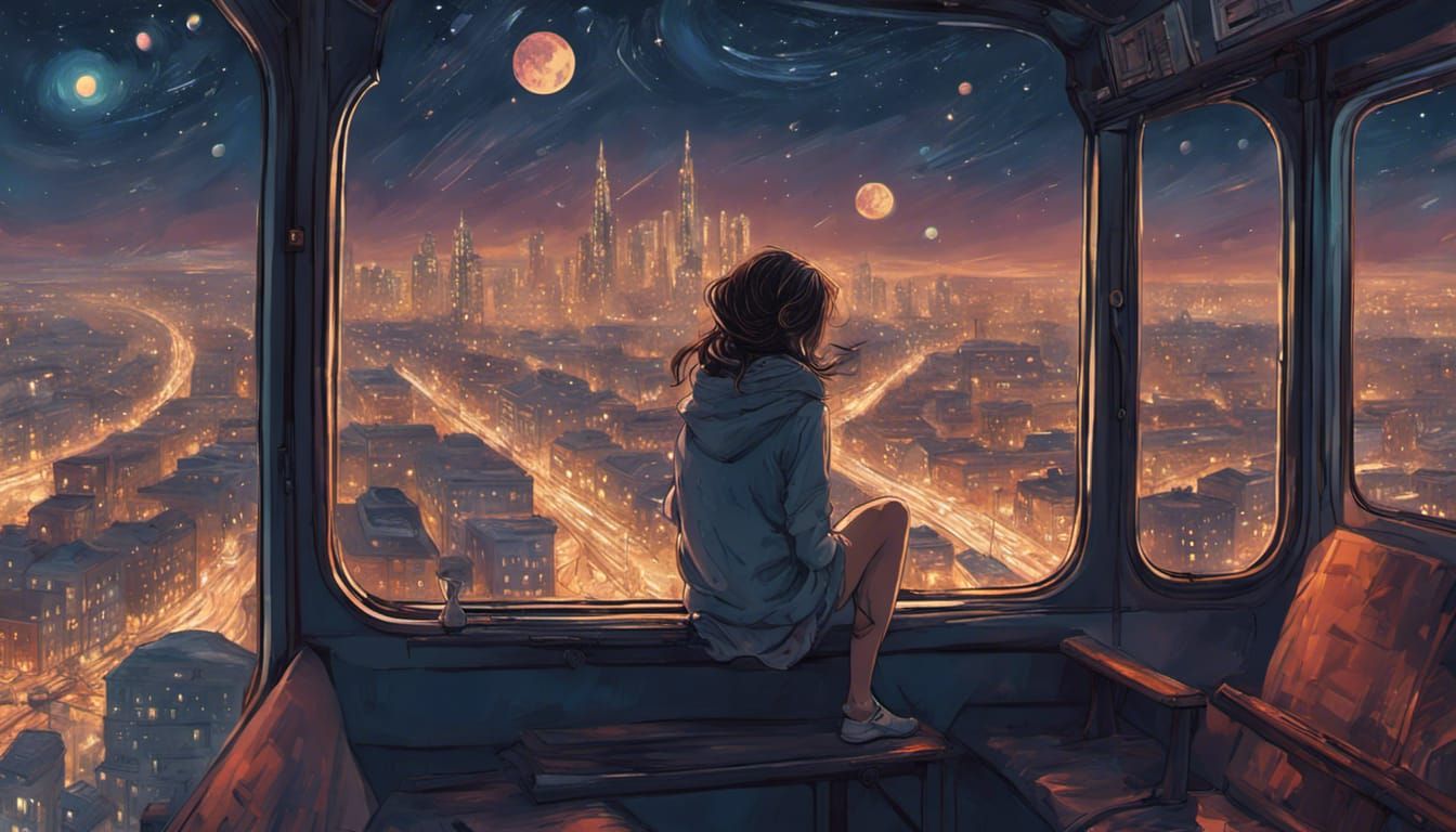 Girl on Train Watching City: Detailed Line Art