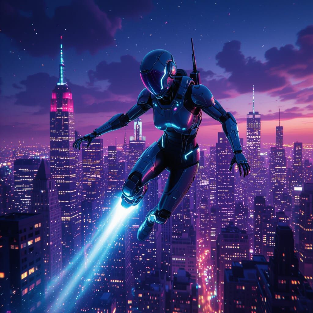 Futuristic Hybrid Leaps into Vibrant Nighttime Manhattan Sky...