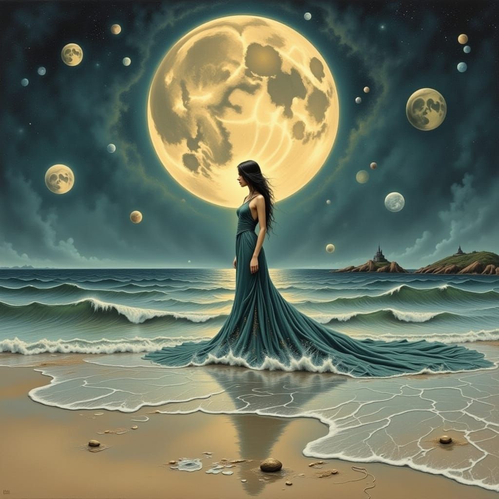 Elegant Woman on Misty Beach in Art Nouveau Style