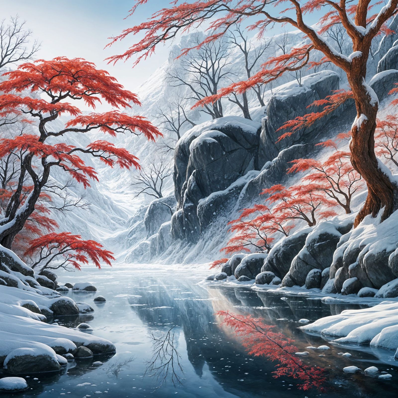 Winter Scene with Red Japanese Maple
