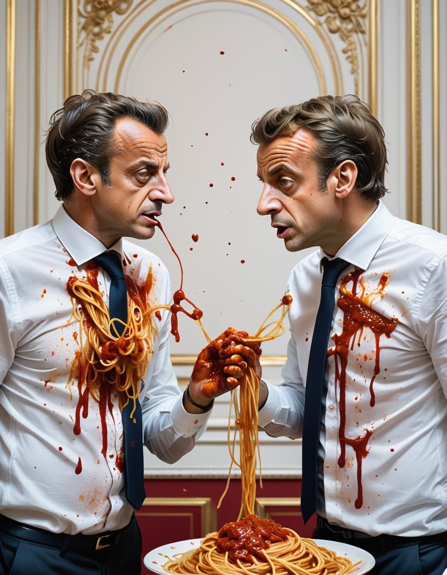 Sarkozy and Macron Spaghetti Debate, Hyper-Realistic Photo