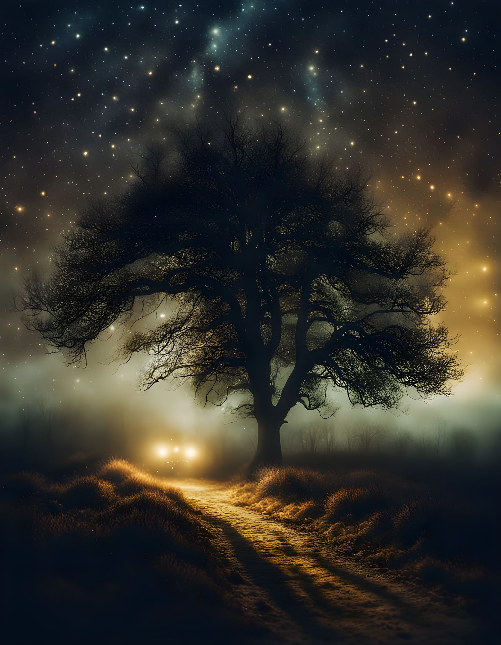 Surreal Starry Night Landscape in Fog