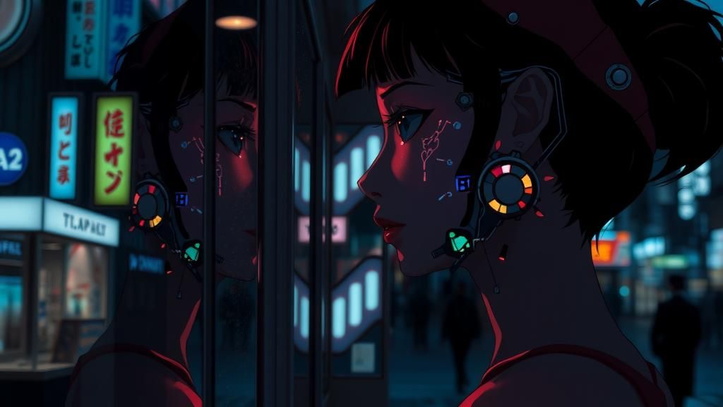 Cyberpunk Woman in Rainy Tokyo Shop Window