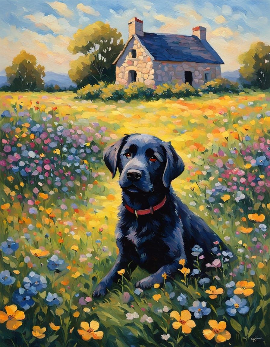Impressionist Landscape with Labrador Puppy in Acrylics