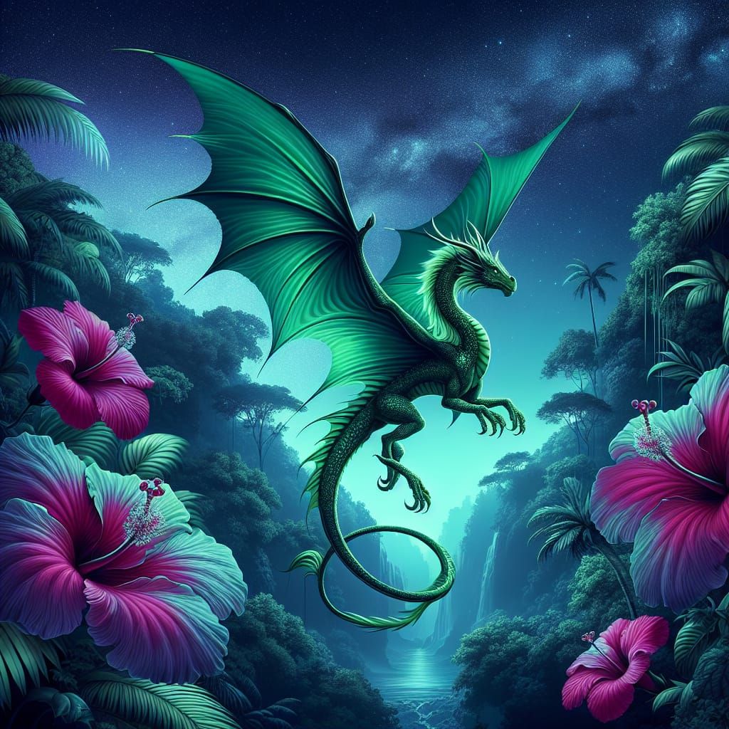 Celtic Dragon Soaring in Tropical Rainforest, Digital Art