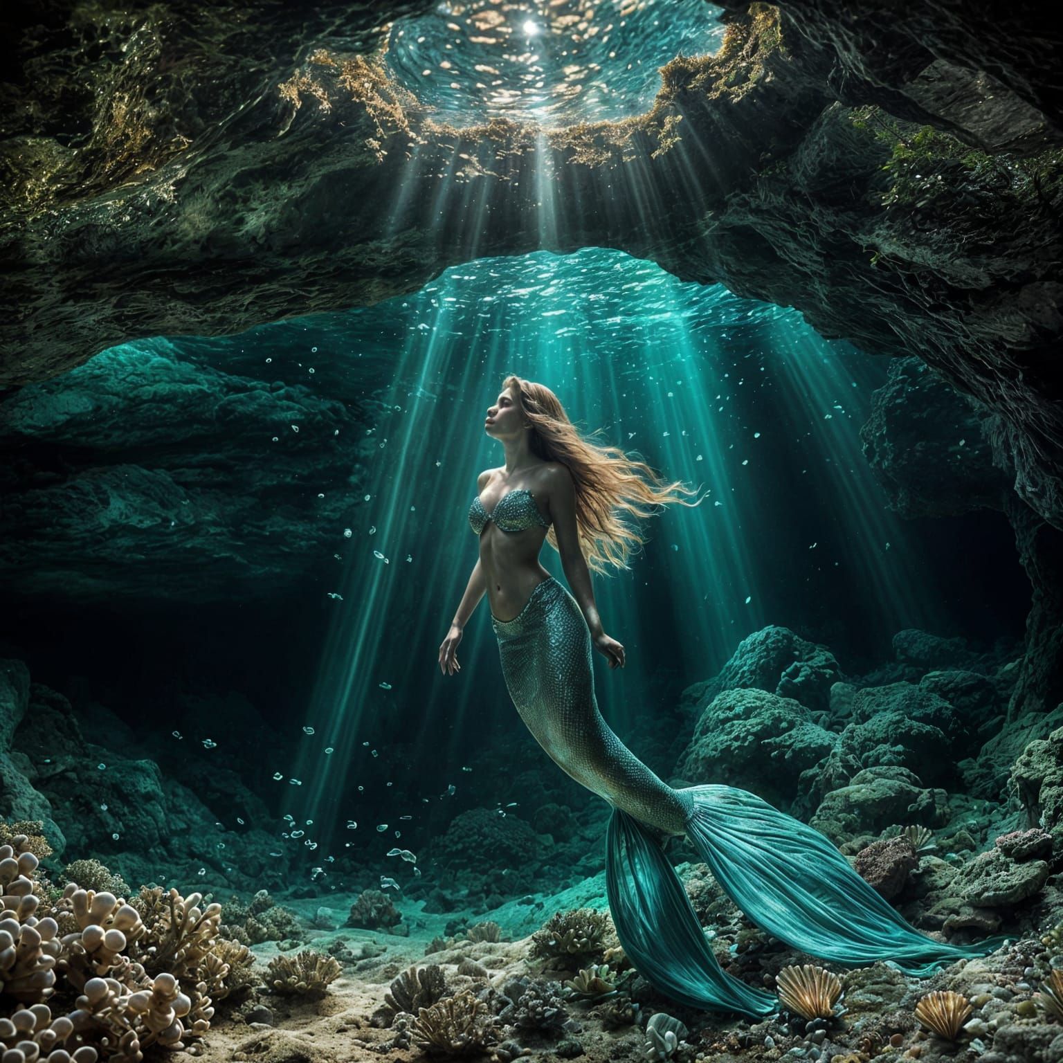 Underwater Mermaid in a Bioluminescent Cave