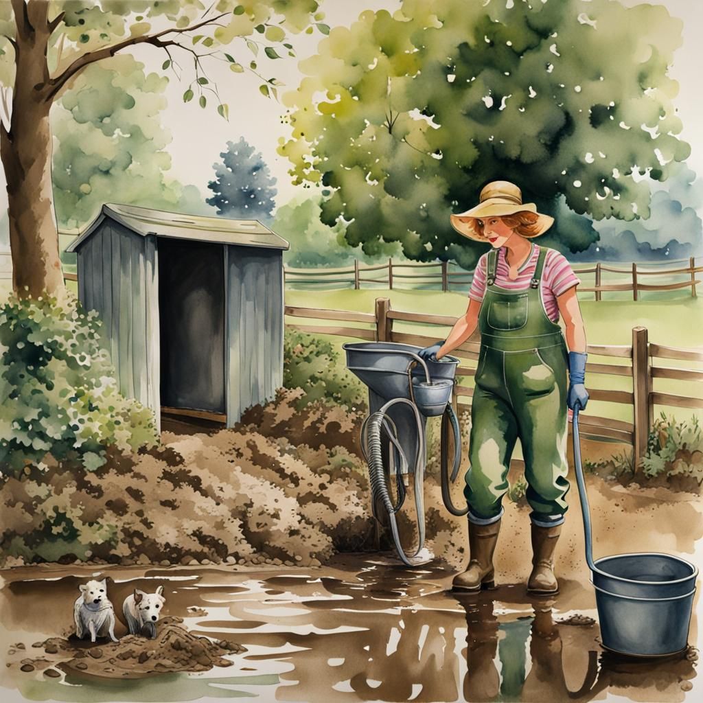 Watercolor Painting of a Woman Cleaning Muddy Boots