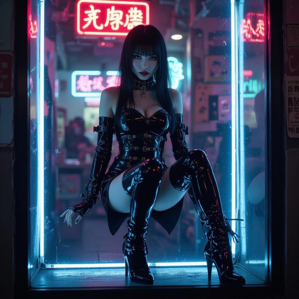 Gothic Woman in Futuristic Kink Shop
