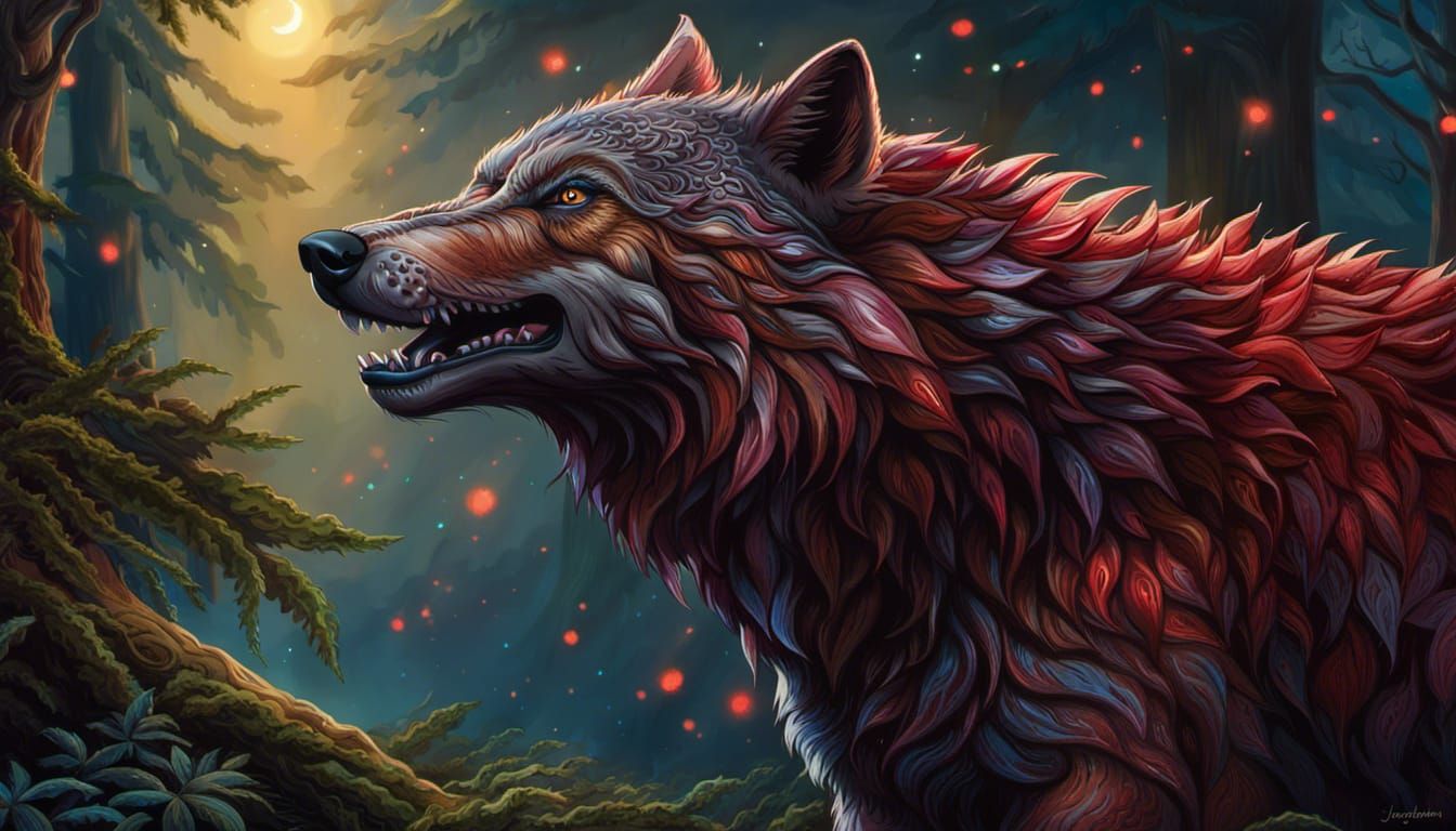 Dragon-Wolf-Bear Hybrid in Starry Night Forest