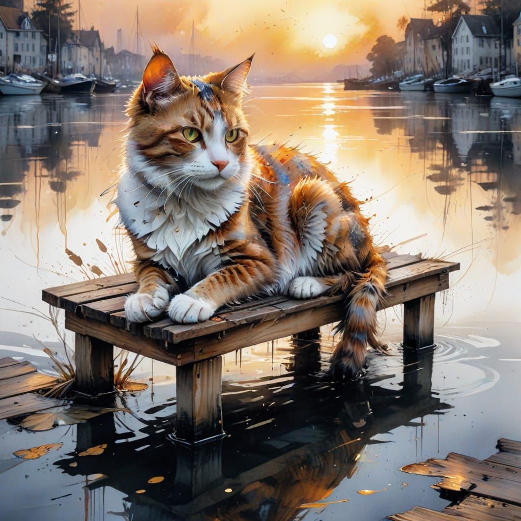 Forgotten Harbor Bench at Dusk with Stray Cat