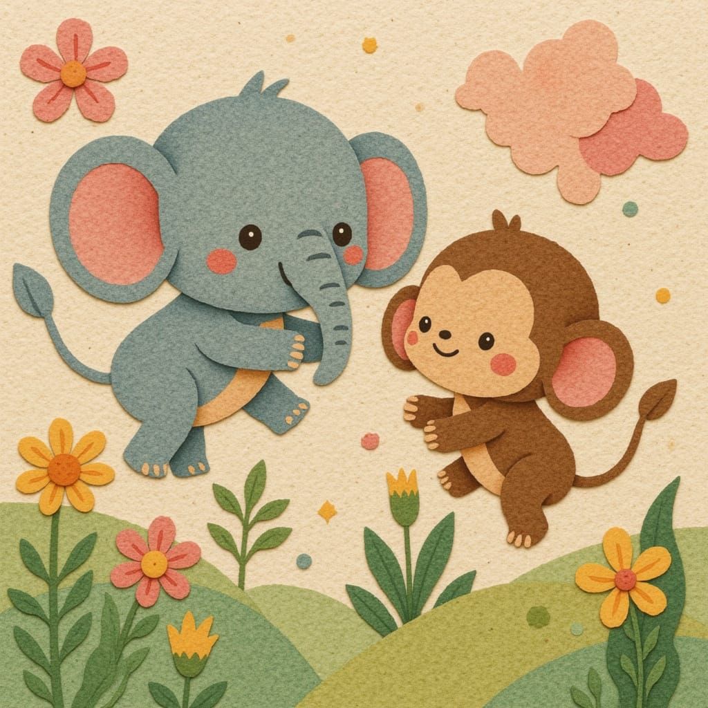 kawaii elephant and monkey paper collage