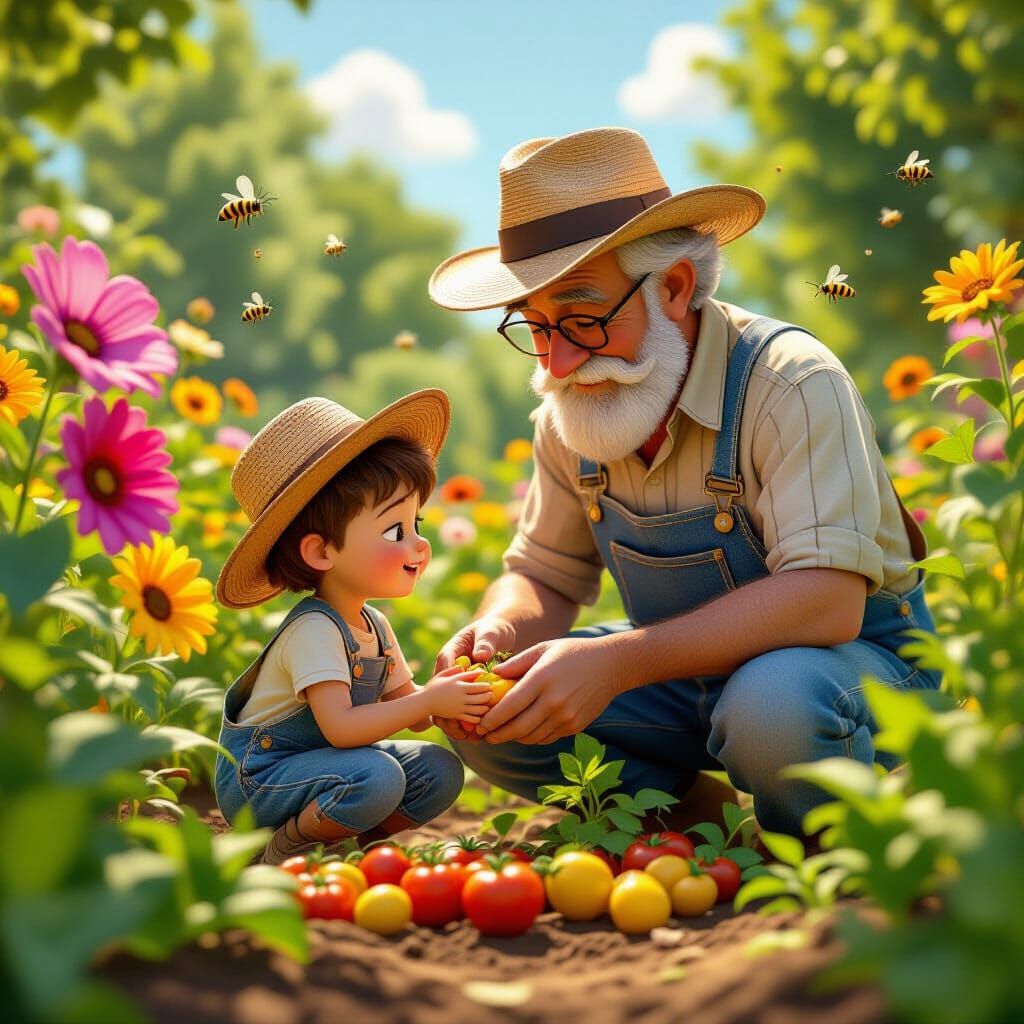 Pixar-Style Garden Scene with Grandfather and Child