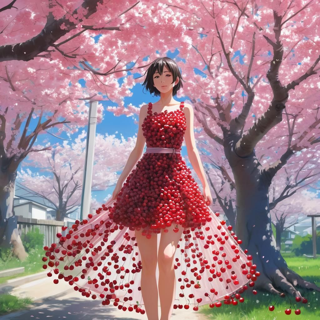 Woman in Cherry Dress Under Cherry Tree, Manga Style