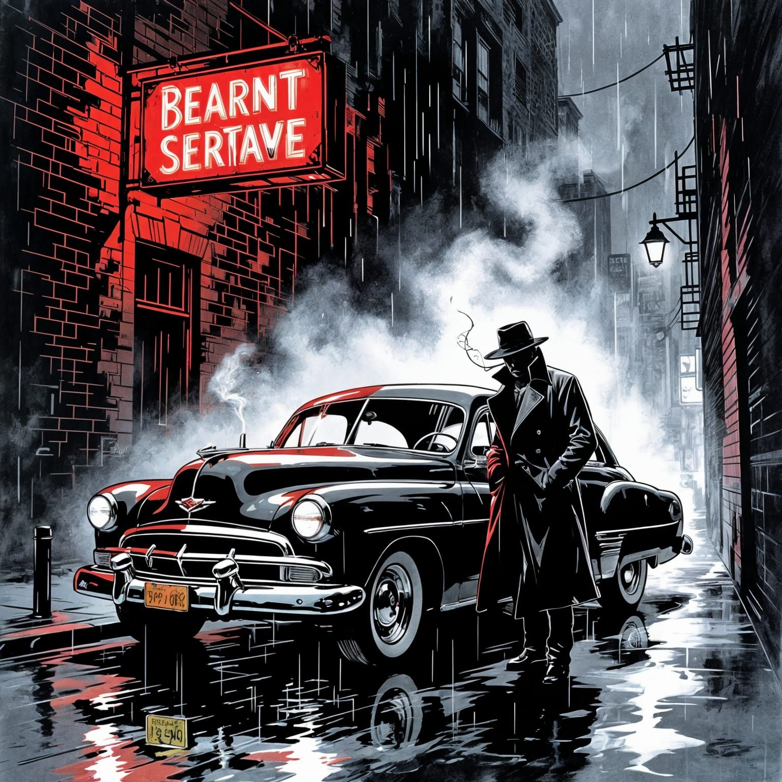 A noir-style 1940s detective sedan parked in a dark alley un...