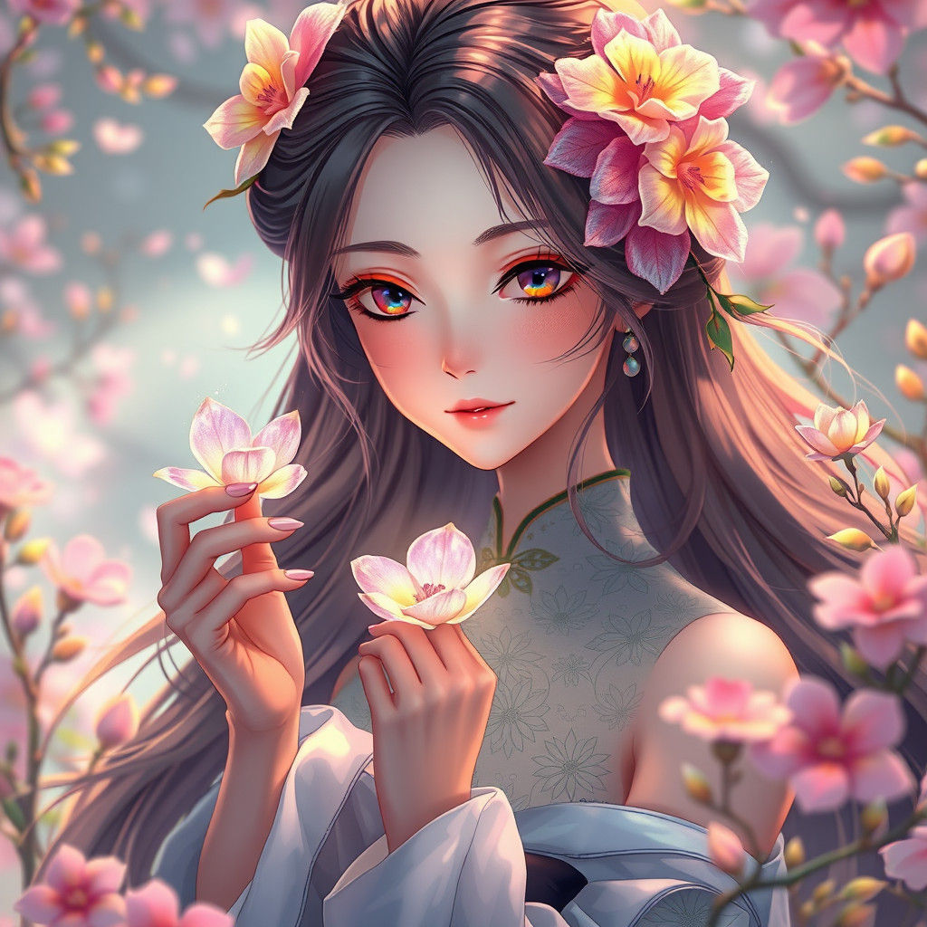 Anime Girl with Glowing Flowers in 3D Style