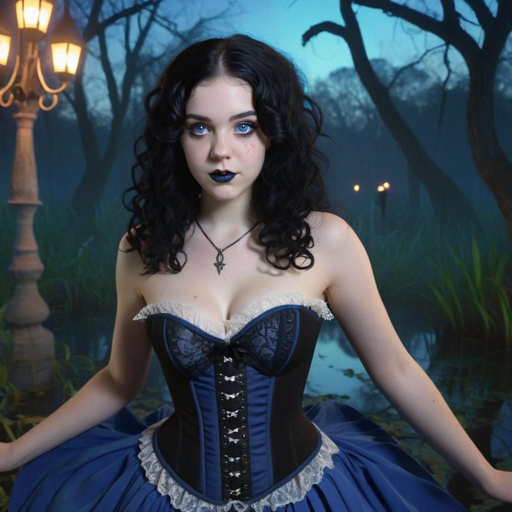 New Orleans Witch Casting Magic in Bayou at Night