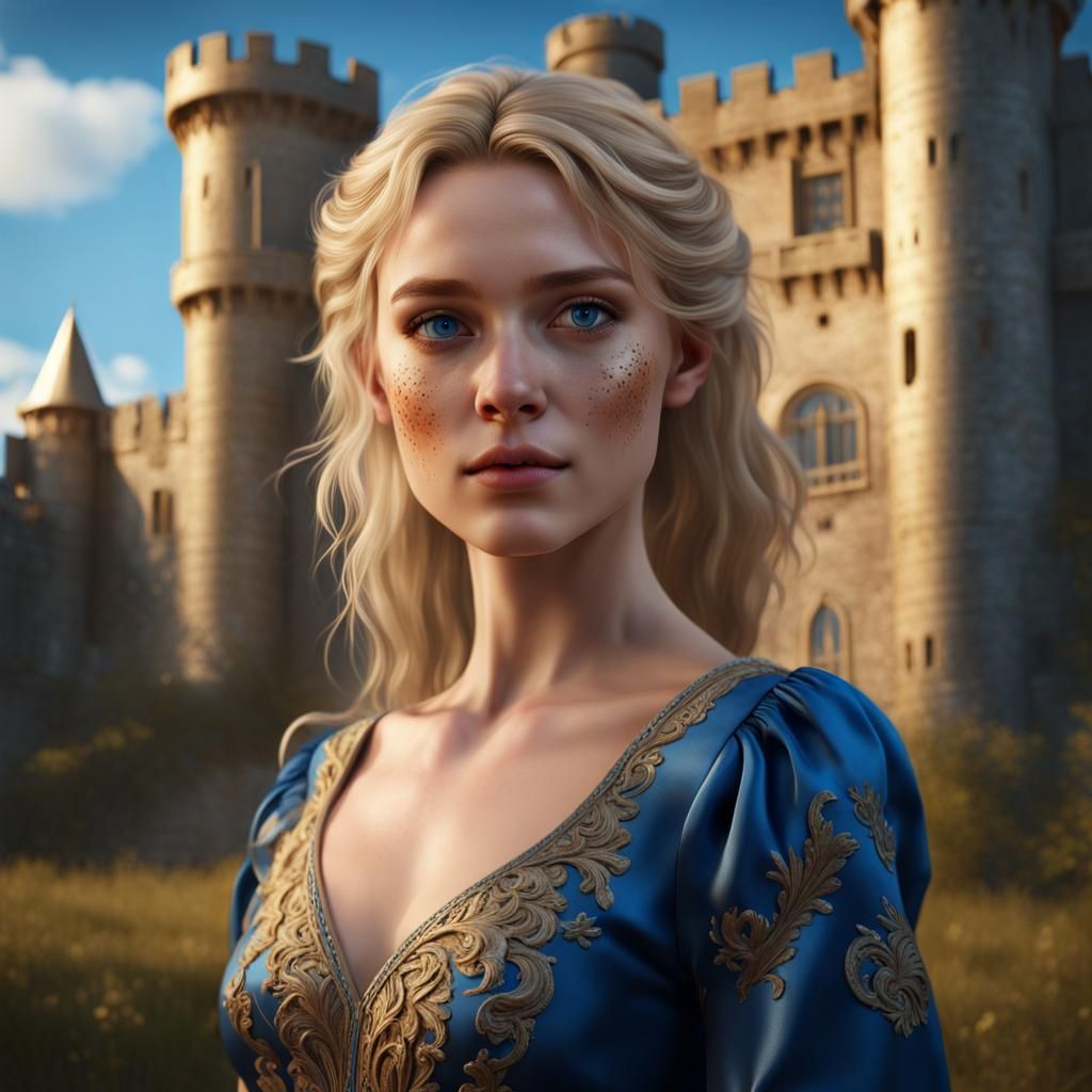 Blonde Girl Portrait with Castle in Fantasy Style