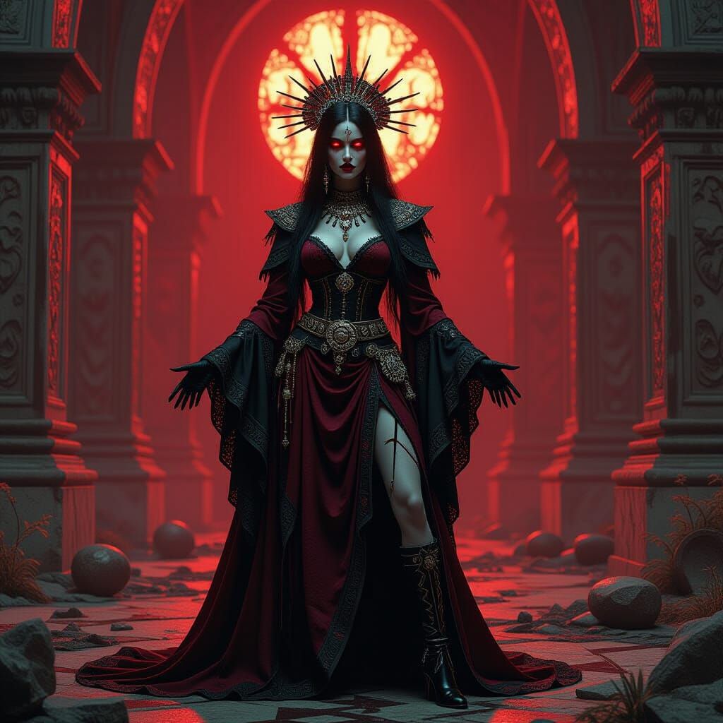 Vampire Goddess in Decaying Temple, Hyperrealistic Portrait