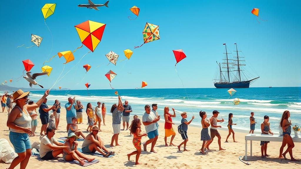Vibrant Surrealist Beach Scene with Joyful Kite Flyers