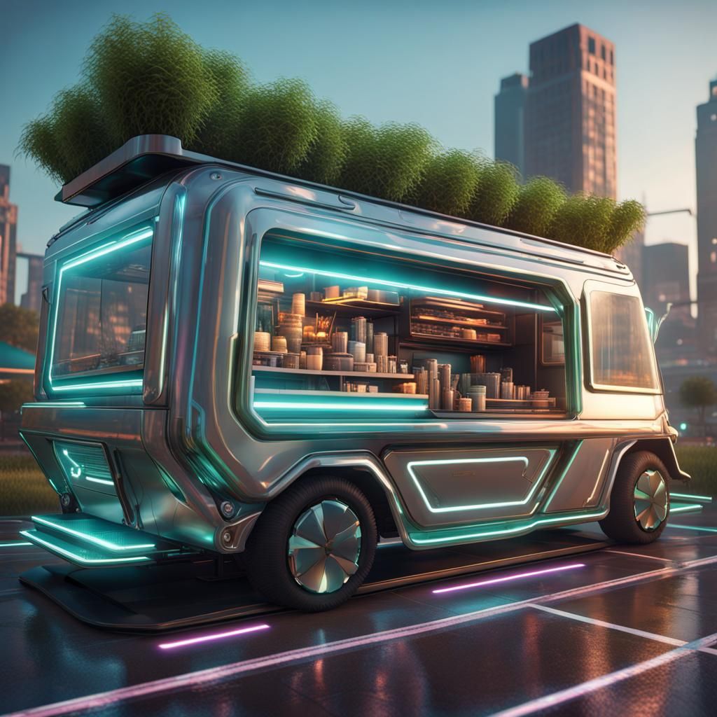 Futuristic Cyberpunk Food Truck in Utopian City