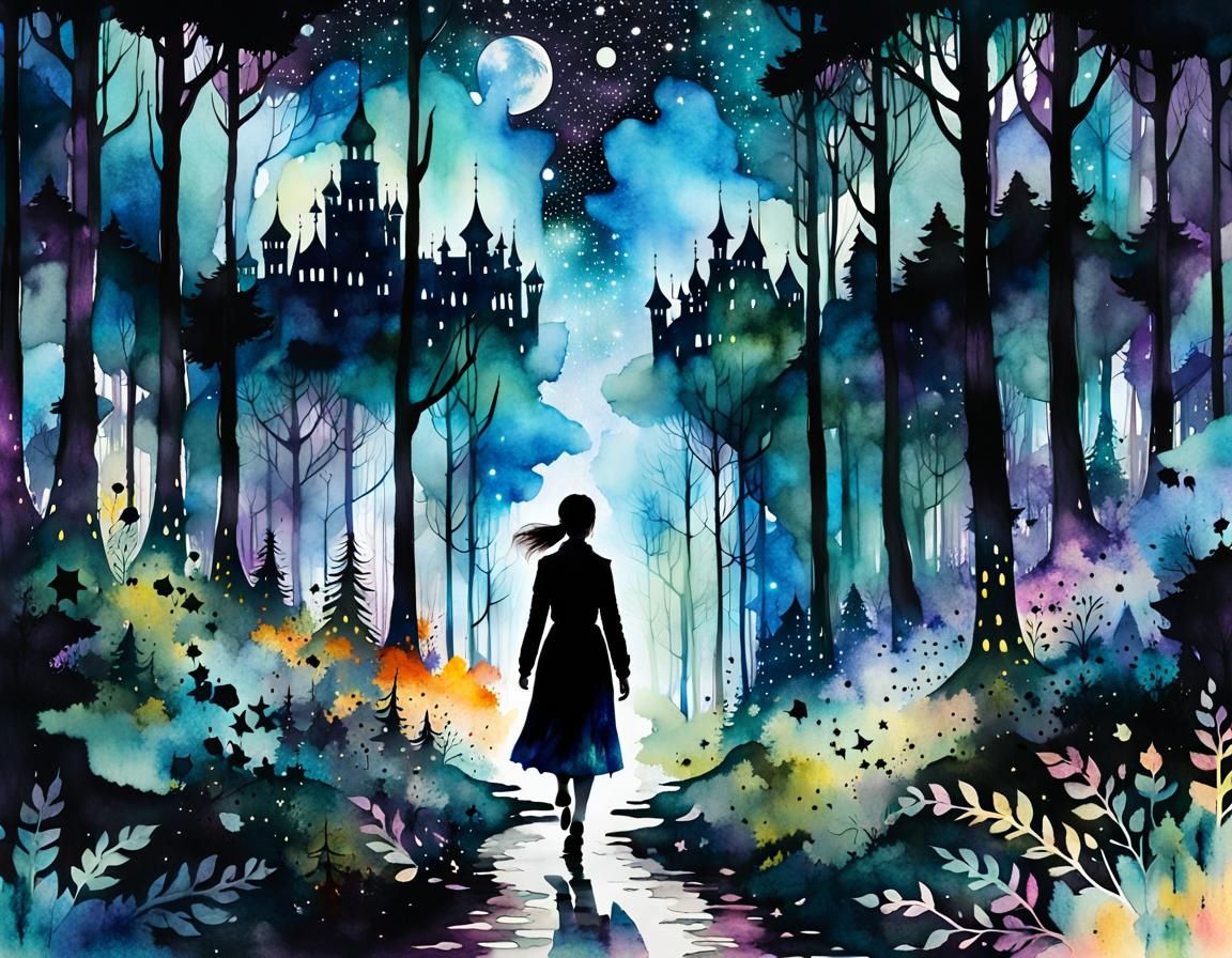 Woman Walks Towards Shining Palace in Pointillism Style